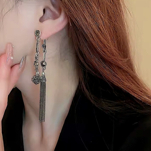 Antique Silver Rhinestone Earring Round Ball Long Fringe Tassel Earrings Boho - Picture 5 of 12